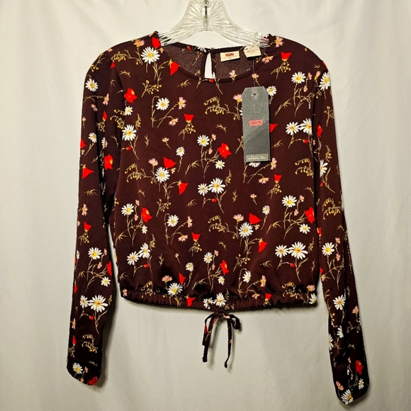 NWT Levi's Womens Brown Floral Polyester Long Sleeve Blouson Top Blouse Small - Picture 1 of 12